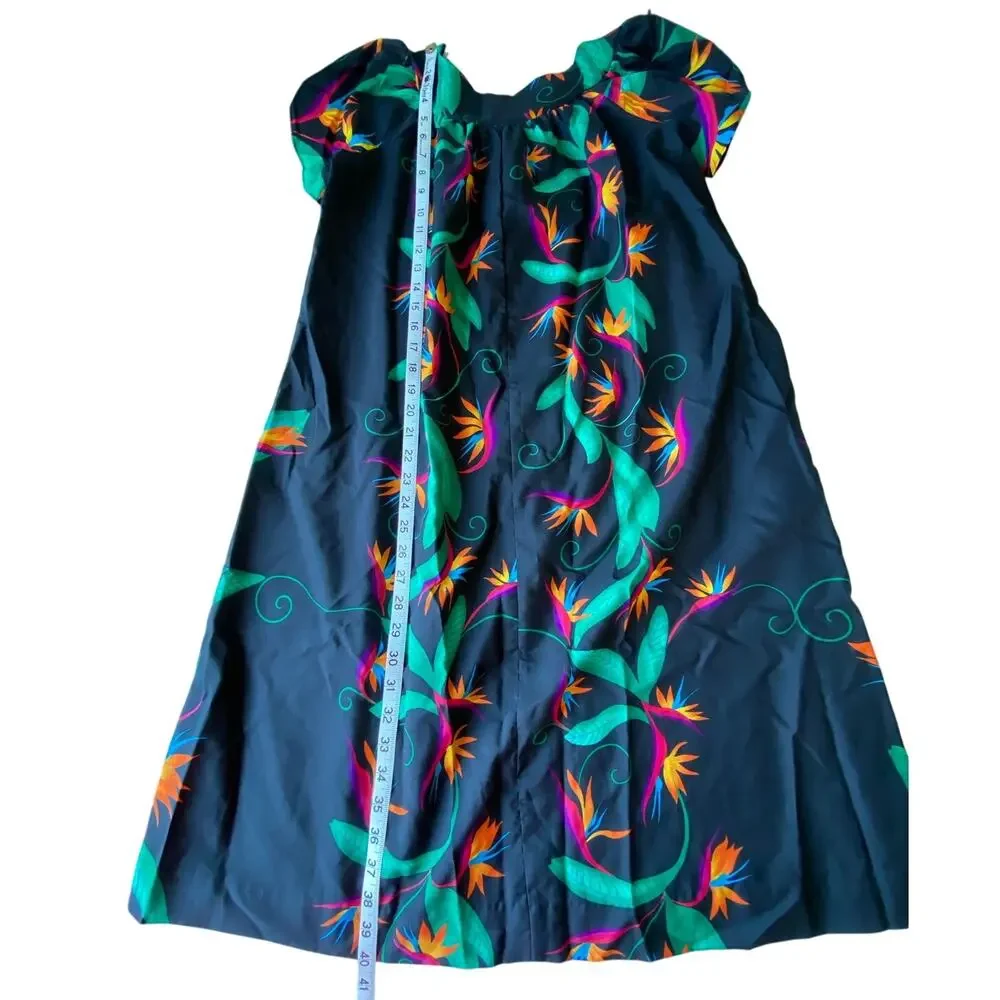Vintage 70s Hilo Hattie's Muumuu Kaftan Dress Black Birds of Paradise Size Small